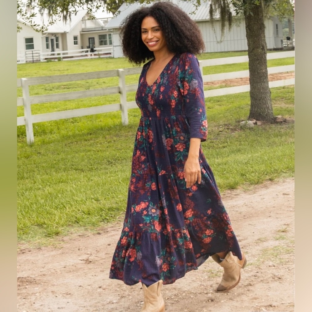 Natural Life Dawn V-Neck Maxi Dress Size XS Navy Pink Floral NWT